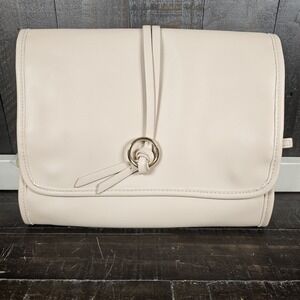 Lancome Signature Cosmetic Makeup Bag Tri-Fold Train Case Faux Leather Beige Tan